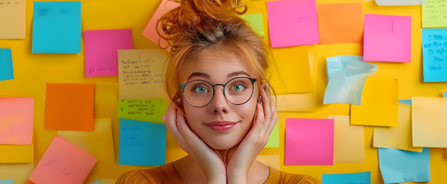 Une jeune femme devant un mur rempli de post-it et de notes colorées. Elle semble perdue dans son projet, mais souriante aussi car elle vient de trouver un site d'experts en conseils marketing et SEO.